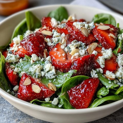 Fresh strawberry spinach salad with poppyseed dressing, featuring vibrant red berries and crisp greens in a creamy bowl.