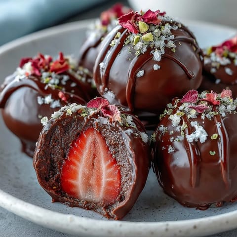 Dubai-style strawberry truffles with dark chocolate shell, elegantly garnished with pistachios and rose petals