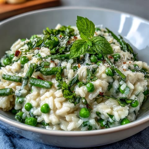 Spring Dinner Party Pea and Mint Risotto with Parmesan, a creamy, vibrant dish topped with fresh mint and Parmesan, served in a rustic bowl.
