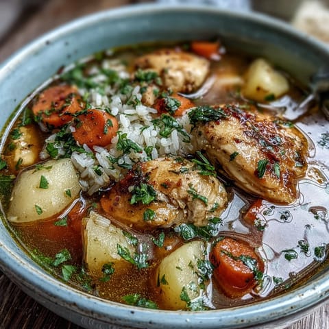 Hearty one-pot chicken and rice soup with tender chicken, carrots, and celery in a savory broth.