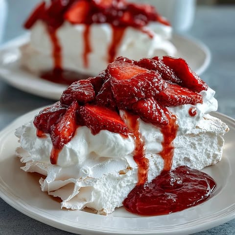 A golden, crisp pavlova topped with fresh whipped cream and ripe strawberries for a stunning dessert centerpiece.