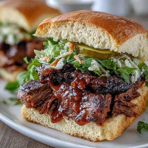 Mouthwatering BBQ brisket sliders with tangy sauce and crunchy slaw, served warm on soft buns for a festive bite.  