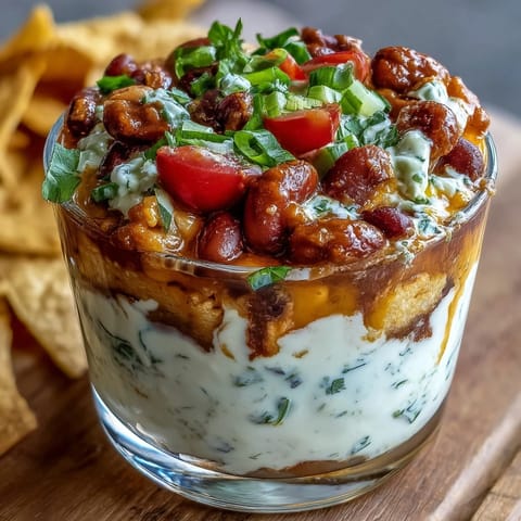 Easy Taco Dip Cups in clear plastic cups with vibrant layers of refried beans, sour cream, lettuce, tomatoes, and cheese, topped with green onions and olives.