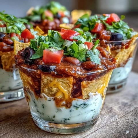 Festive Easy Taco Dip Cups layered with creamy taco-seasoned sour cream, fresh veggies, and cheddar cheese, served with crunchy tortilla chips for dipping.
