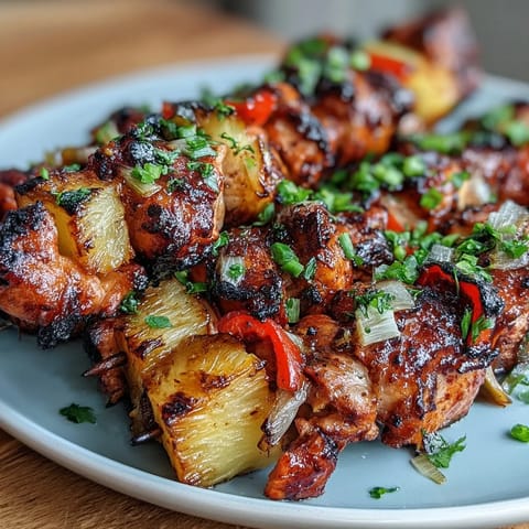 Grilled pineapple chicken skewers feature juicy marinated chicken and sweet caramelized pineapple chunks on a stick.