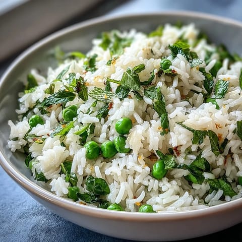 Spring Pea and Mint Rice Pilaf in a white bowl, garnished with fresh mint and lemon wedges, a vibrant and fragrant side dish.