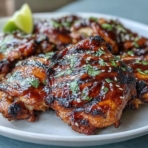 1. Honey Sriracha Grilled Chicken Thighs sizzling on the grill, glazed with a sticky, sweet, and spicy marinade for bold summer flavor.
