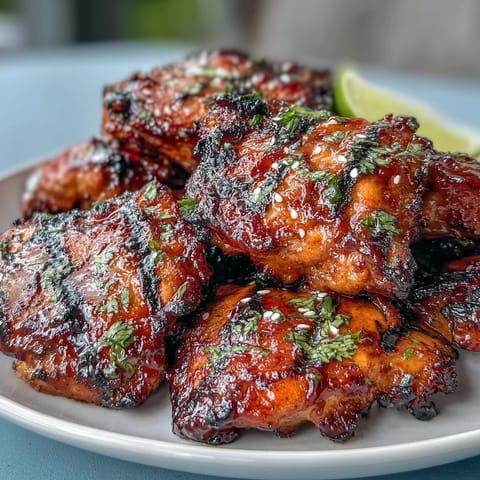 2. Juicy chicken thighs coated in honey sriracha sauce, grilled until caramelized and served with fresh cilantro and sesame seeds.