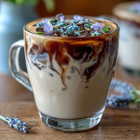 A creamy, floral lavender oat milk latte with a delicate purple hue, served in a clear glass mug with a sprinkle of dried lavender buds.