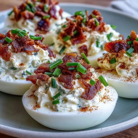 Bacon Ranch Deviled Eggs with crispy bacon and creamy ranch filling, garnished with fresh chives and paprika, perfect for Easter brunch or holiday parties.