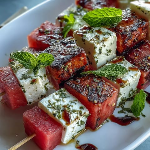 Juicy watermelon cubes and creamy feta cheese on mint-speared skewers, drizzled with olive oil and balsamic glaze.