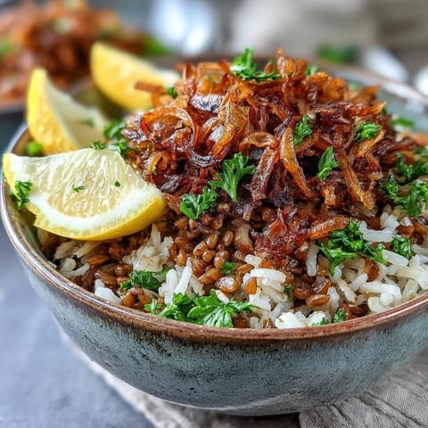 A steaming bowl of Levantine Mujadara, a hearty lentil and rice dish topped with onions.
