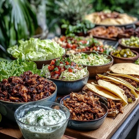 Guests build delicious tacos at this fun outdoor BBQ taco bar.