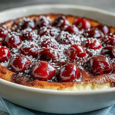 A rustic French dessert featuring a custardy batter enveloping bright red cherries.