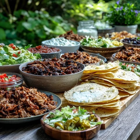 A vibrant DIY Taco Bar for Outdoor BBQ, bursting with colorful toppings.