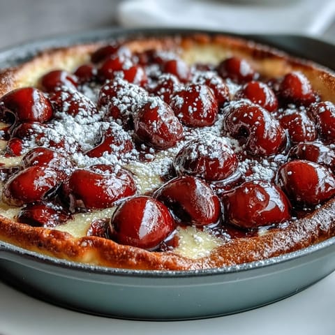 Golden baked Fresh Cherry Clafoutis with plump, sweet cherries.