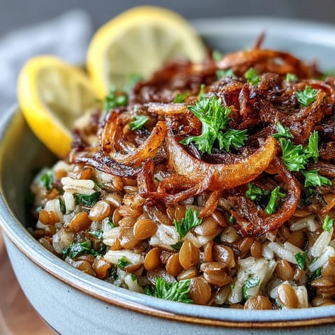 Levantine Mujadara: fluffy lentils, rice, and golden crispy onions on a platter.
