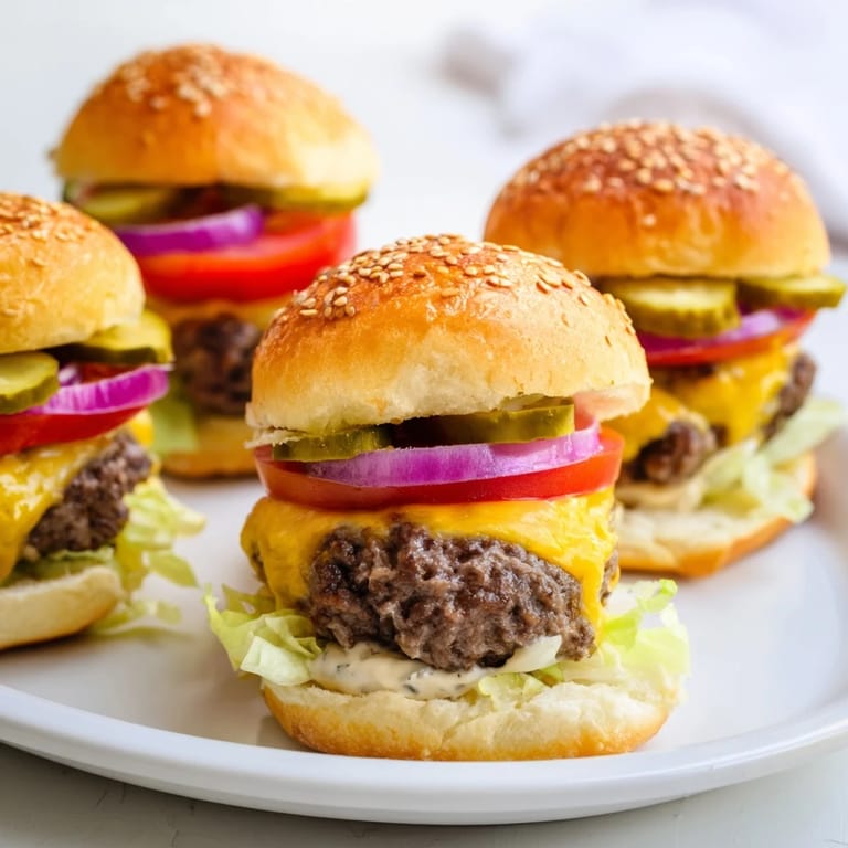 Warm sliders with toasted buns, juicy beef patties, and tangy pickles, garnished with sesame seeds on a serving tray.