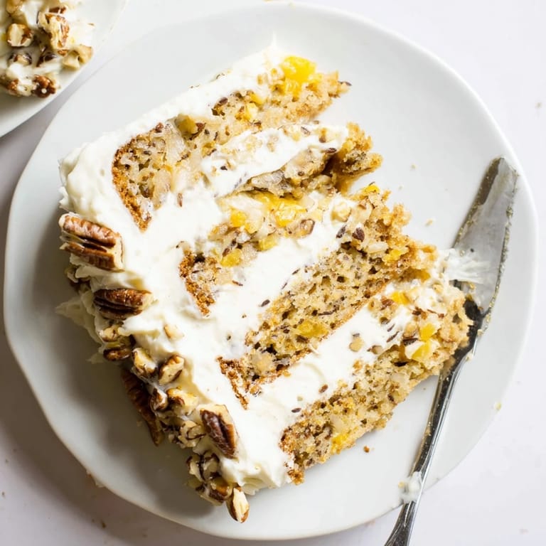 Three stacked slices of Hummingbird Cake reveal moist banana and pineapple crumb on a plate.