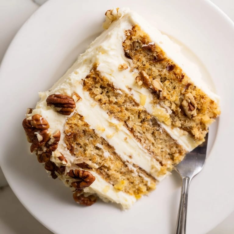 Freshly baked Hummingbird Cake topped with cream cheese frosting and chopped pecans ready to serve.
