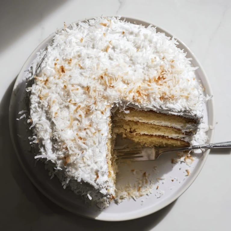 Moist layer cake with coconut filling and seven-minute frosting, ready to serve at a spring celebration or afternoon tea party.