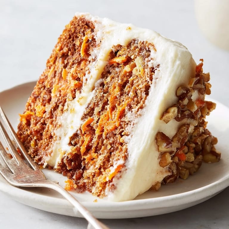 Freshly baked carrot cake layers with cream cheese frosting and walnut garnish on a plate.