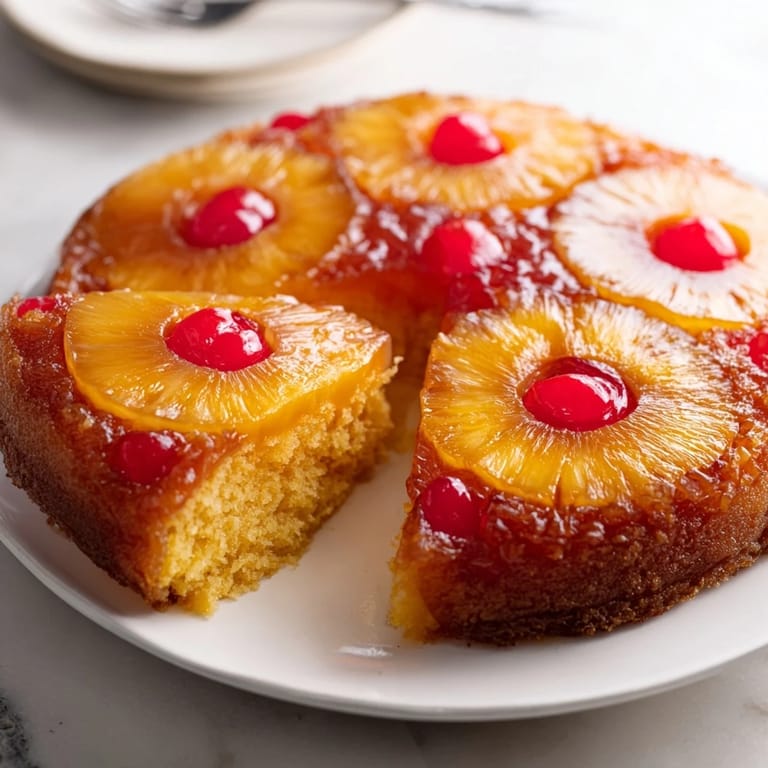 Gooey caramelized pineapple and maraschino cherries top this warm homemade Pineapple Upside-Down Cake, perfect for a classic American dessert.
