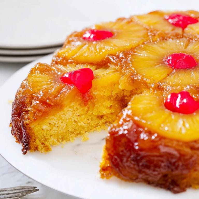 Sliced wedge of fluffy Pineapple Upside-Down Cake served on a plate, highlighting the sticky brown sugar glaze and tender crumb.