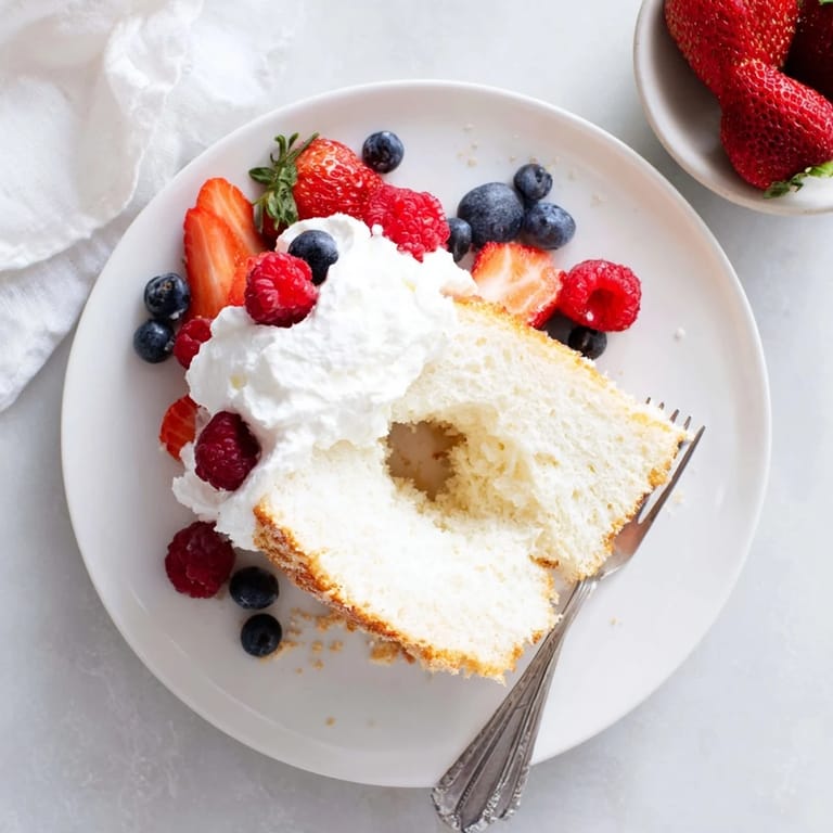 Cooling Angel Food Cake inverted on a wire rack to maintain height, revealing its fluffy interior in a sunlit kitchen scene.