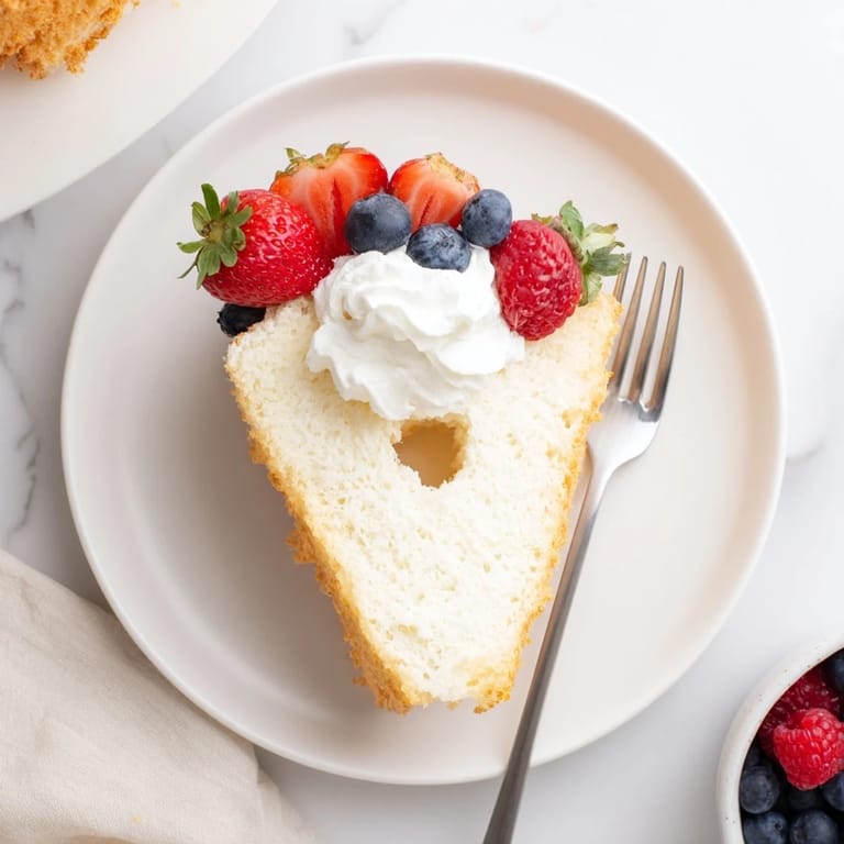 Golden-brown Angel Food Cake with airy texture, topped with sweet strawberry slices and a dusting of powdered sugar for a classic American treat.