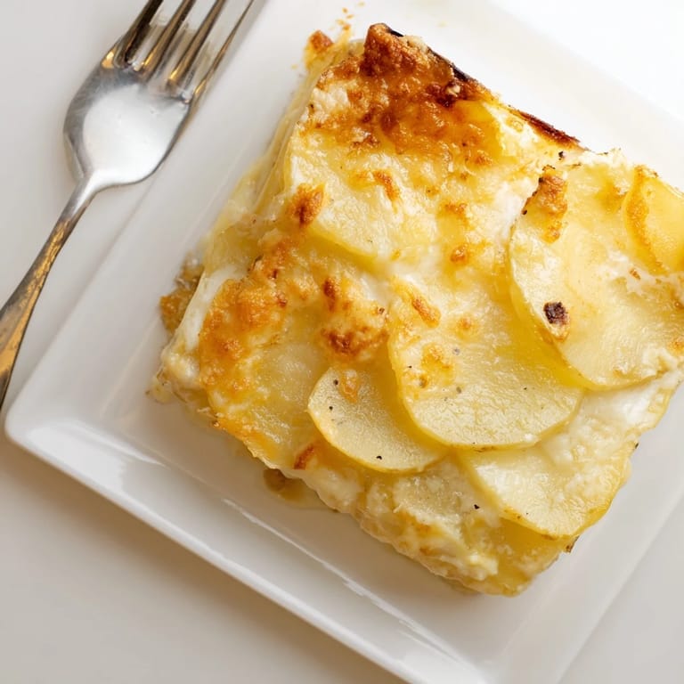 A spoon serves generous portions of the cheesy Au Gratin Potatoes, revealing creamy layers beside a fresh green salad.