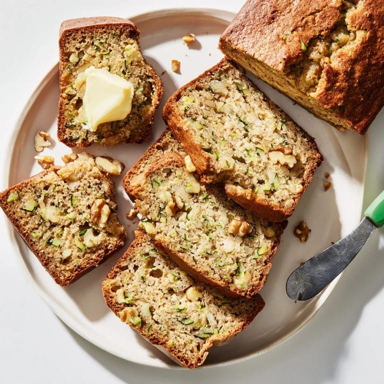 Homemade Zucchini Bread loaf cooling on a wire rack, showcasing golden crust and nutty crumbs from the recipe.