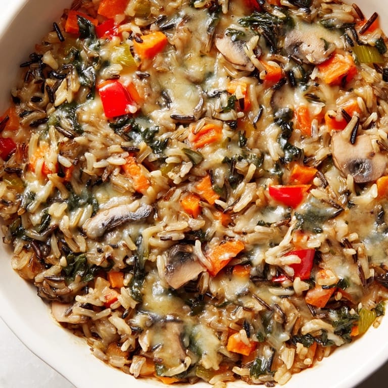 Freshly baked Wild Rice Casserole in a ceramic dish, ready to serve as a gluten-free vegetarian side dish.
