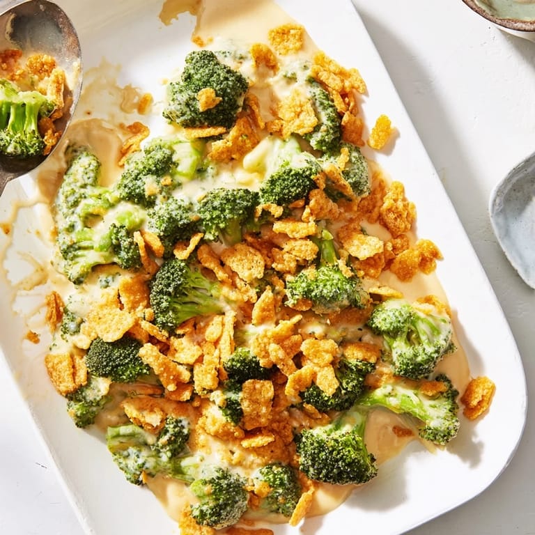 Fresh broccoli florets tossed in a creamy cheese sauce, baked in a white dish for a comforting family dinner.