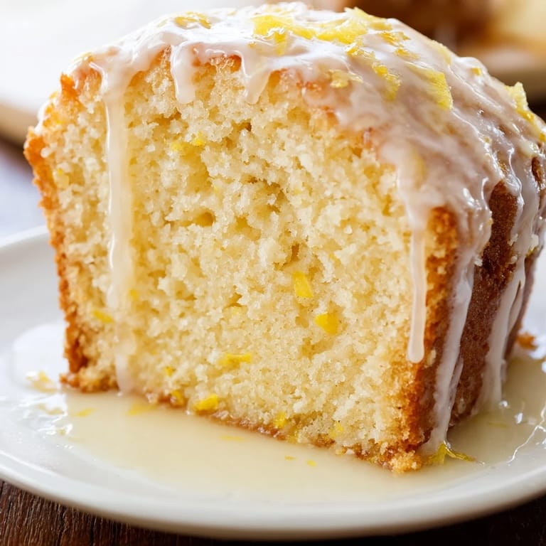 Moist Lemon Pound Cake cooling on a wire rack with a bowl of sweet glaze ready for drizzling.