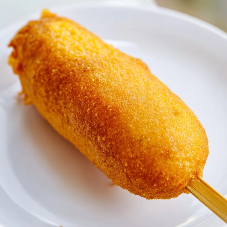 A hand holding a crispy corn dog, the sweet cornmeal batter visible in the light.