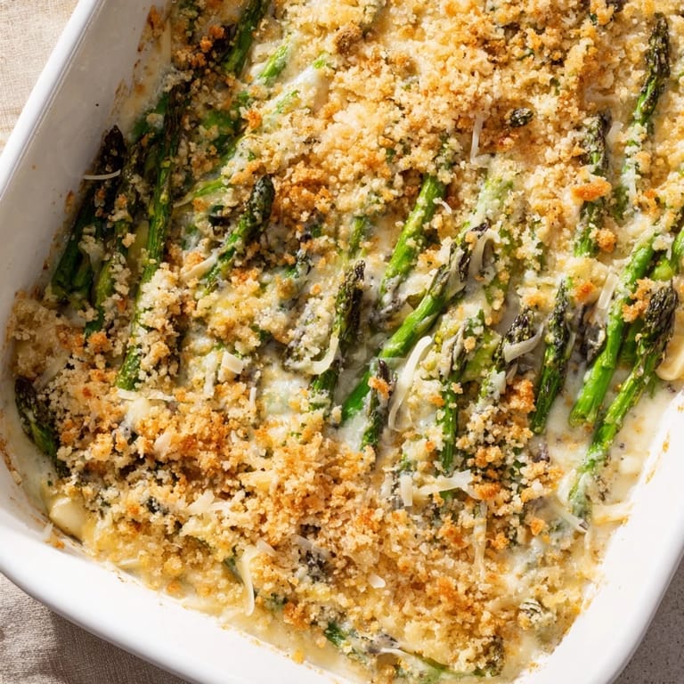 Golden brown Asparagus Casserole bubbling from the oven, served hot as a savory springtime side dish for any family dinner.