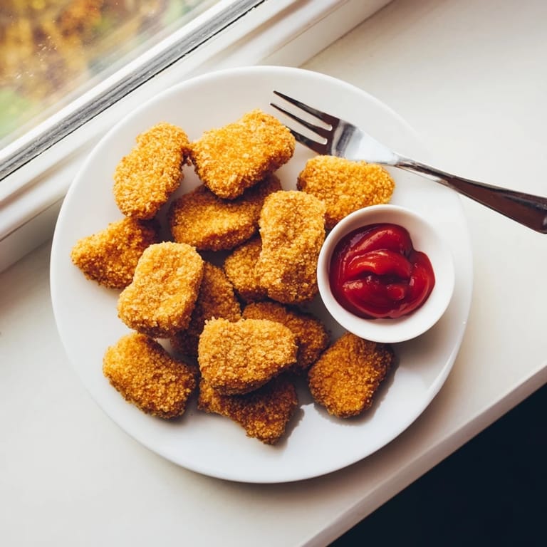 Golden brown homemade chicken nuggets served on a platter with ketchup and barbecue sauce for dipping.