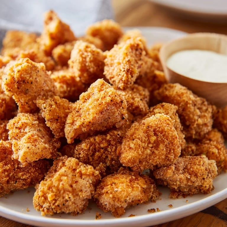Golden-brown Popcorn Chicken piled high on a rustic platter, ready to be shared as a tasty appetizer.