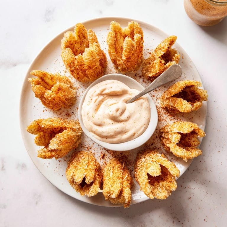 Crunchy Blooming Onion appetizer recipe with a Vidalia onion blossom, perfect for sharing at parties or gatherings.