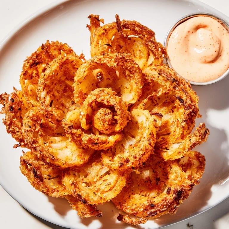 Freshly fried Onion Petals stacked high, steam rising, next to a spoonful of smoky spicy dipping sauce on a marble counter for an easy snack.