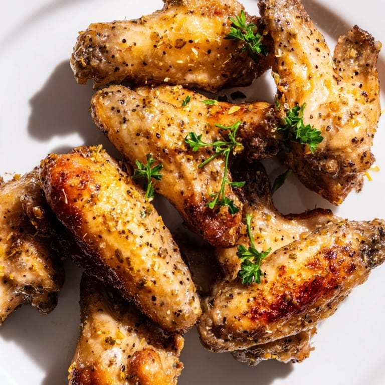 Crispy baked Lemon Pepper Wings in a serving platter, garnished with fresh parsley and ready for a game day appetizer.