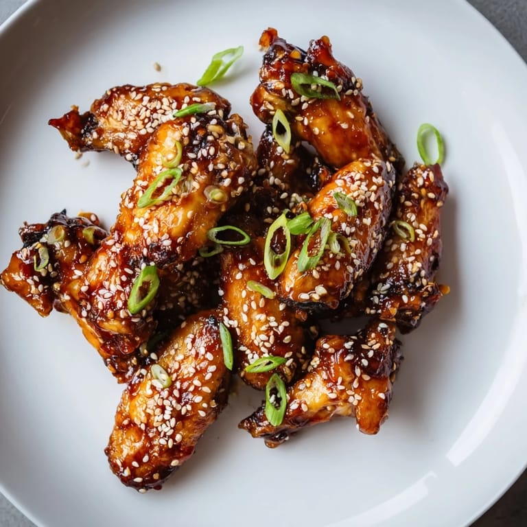 Freshly sliced green onions and toasted sesame seeds are sprinkled over the sticky wings.