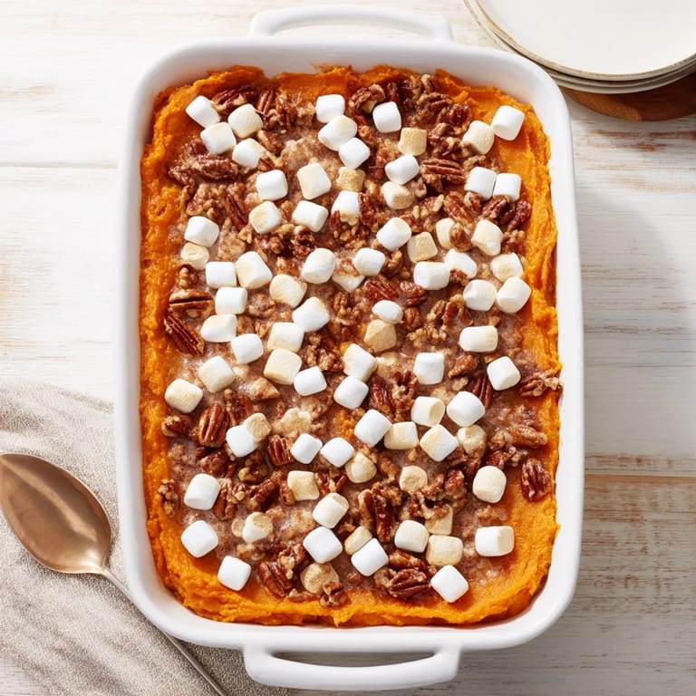 Spoonful of creamy Sweet Potato Casserole revealing fluffy texture served for Thanksgiving dinner.