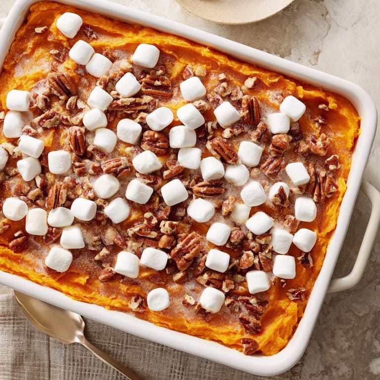 Buttery pecan streusel crumbs cover a rich Sweet Potato Casserole beside holiday turkey.