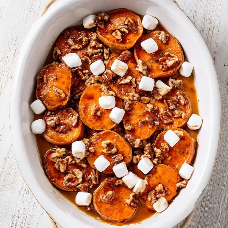 Glistening Candied Yams bake in a ceramic dish, bubbling with cinnamon and nutmeg spices, ready to serve alongside roast turkey.