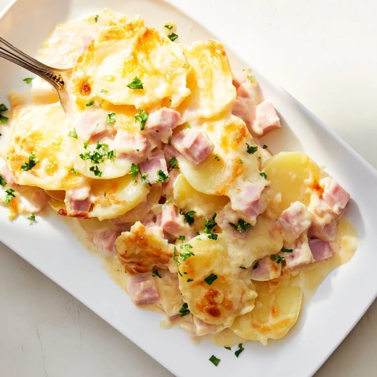 Freshly baked Scalloped Potatoes with Ham served warm in a casserole dish, garnished with vibrant chopped parsley for color.