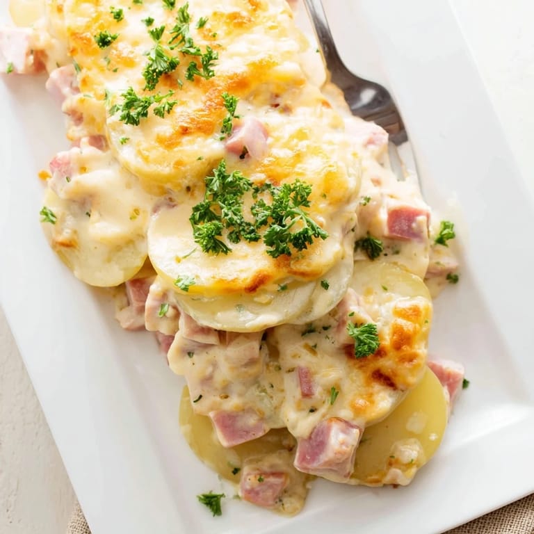 Homestyle Scalloped Potatoes with Ham featuring tender Yukon Gold potato slices and savory diced ham layered in a cheesy sauce.