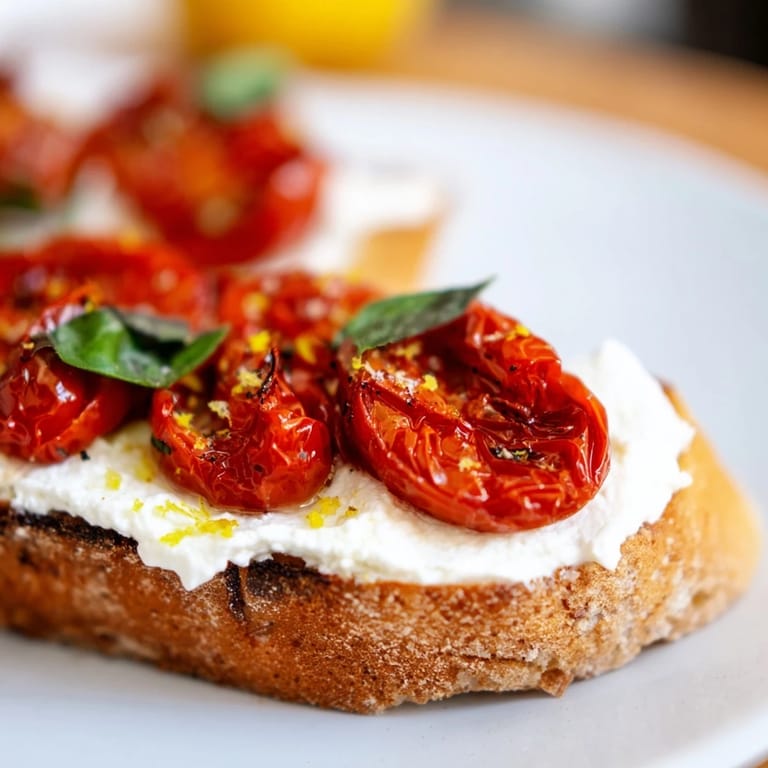Close-up view of a slice of tomato ricotta toast, featuring juicy oven-roasted tomatoes and a generous smear of whipped ricotta, finished with a drizzle of olive oil.
