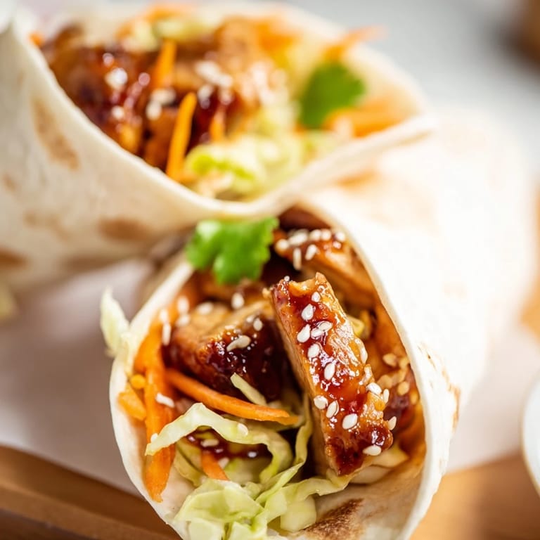 Freshly rolled Teriyaki Chicken Wrap garnished with sesame seeds and cilantro, ready to serve on a wooden board.  